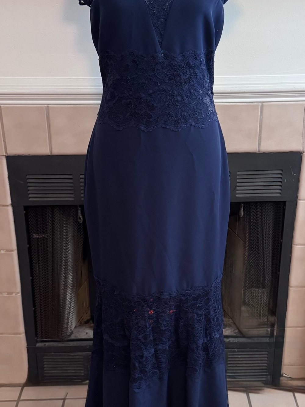 Belle by Badgley Mischka Blue Evening Dress with Lace Accents